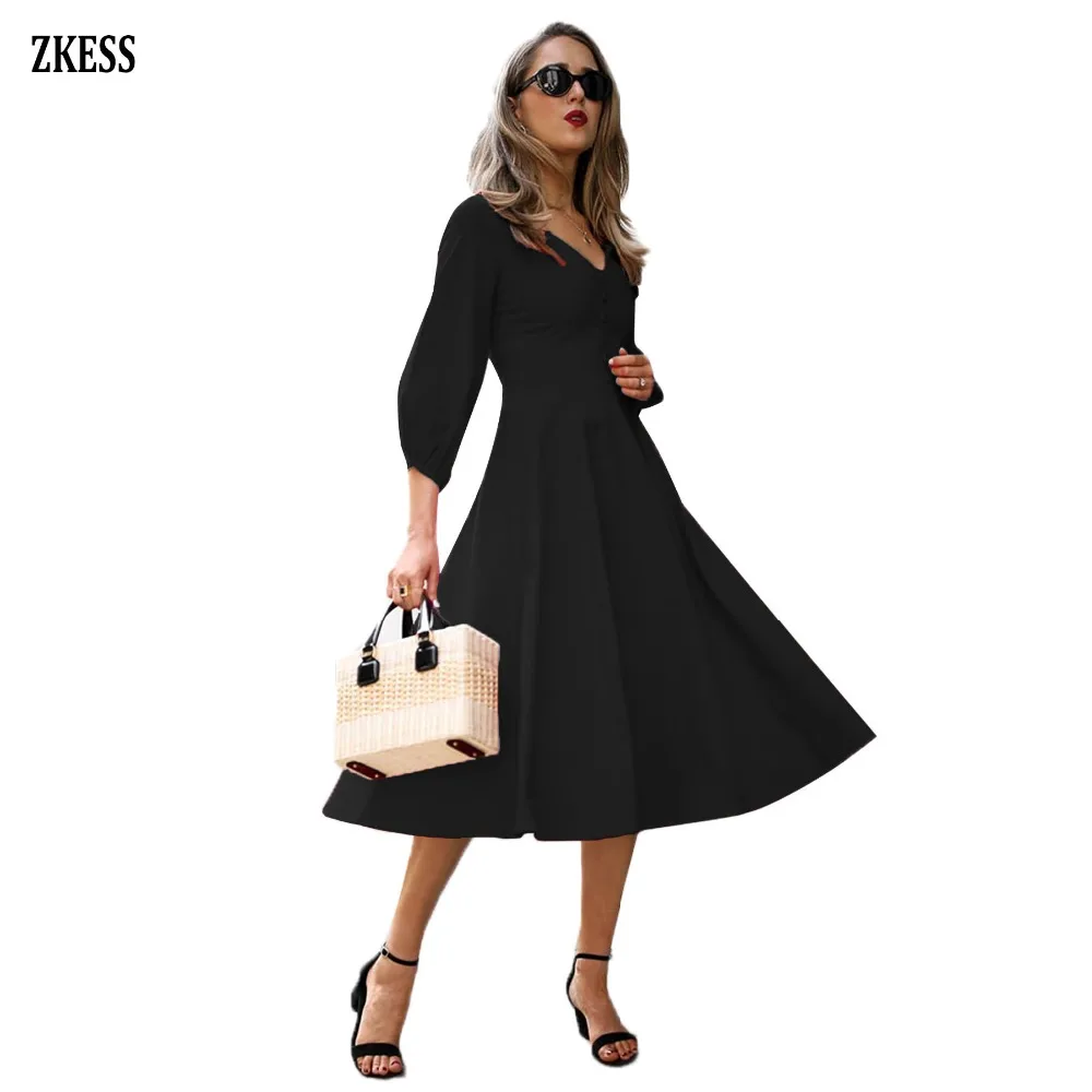 Black-Button-Front-Balloon-Sleeve-Vintage-Dress-LC610282-2-1