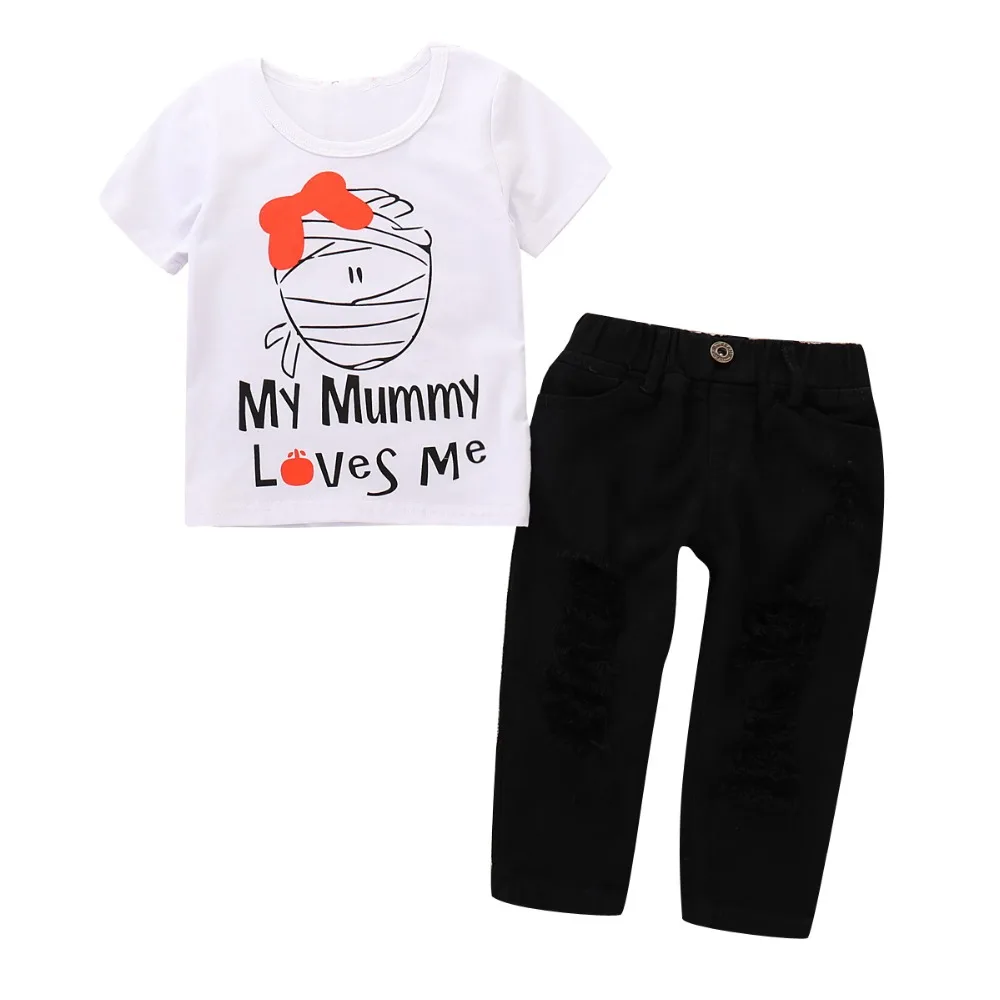 

Puseky 2pcs Kid Baby Girl Clothes Set Cotton Letter Printed T-shirt Tops+Ripped Pants Black Hole Jeans Short Sleeves Outfits