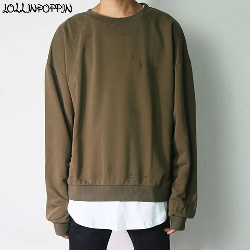 

High Street Men Oliver Green O-Neck Sweatshirt Oversize Drop Shoulder Mens Crew Neck Pullovers Hip Hop Streetwear