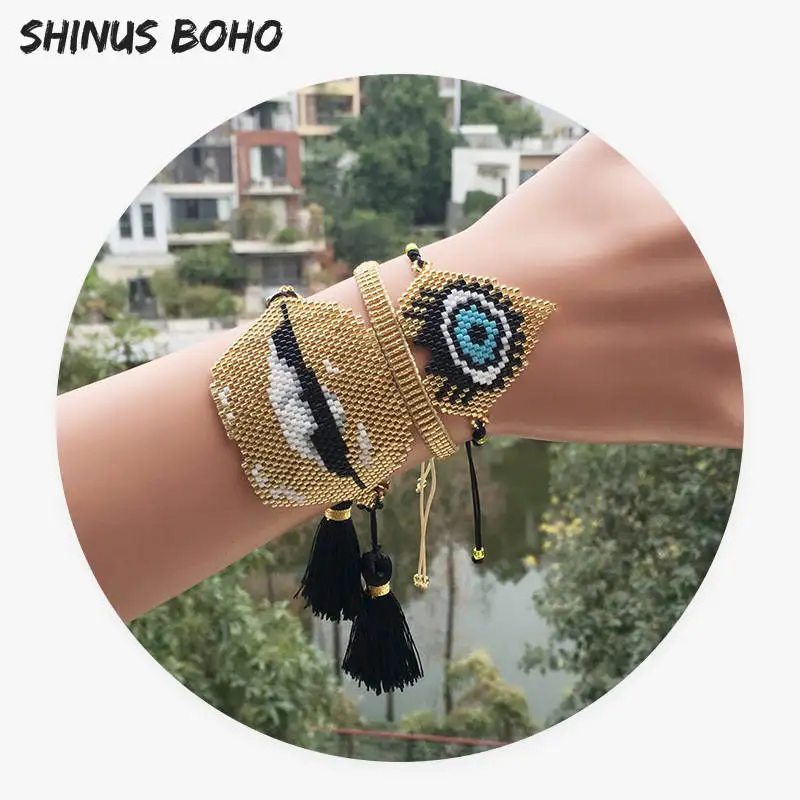 SHINUSBOHO браслеты глаз Bileklik для мужчин Delicas бусины Золотое сердце губы pulseras Miyuki сглаза с кисточкой браслет для женщин - Окраска металла: MIYUKI-02