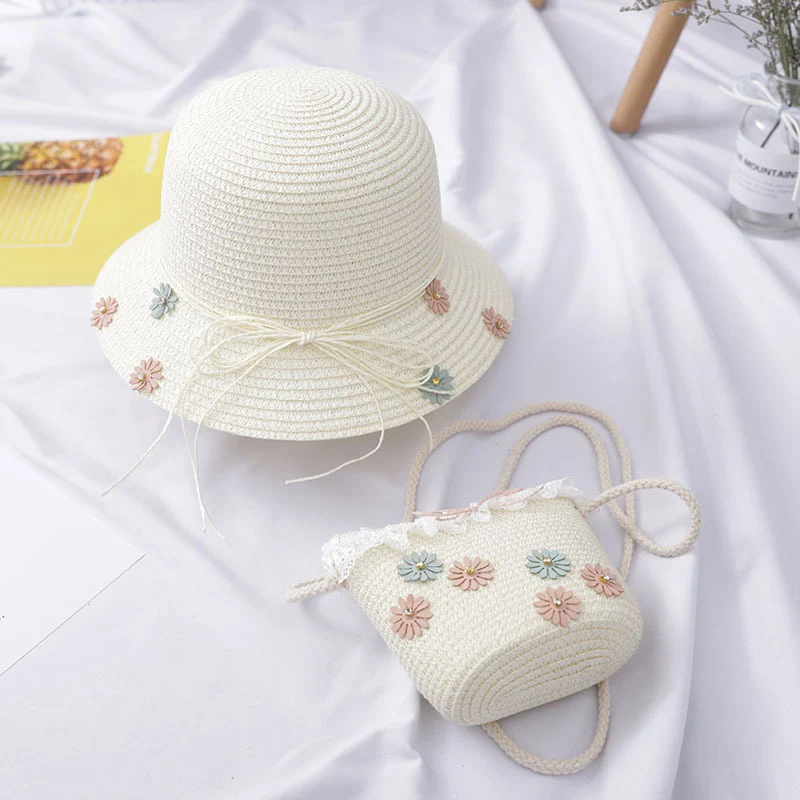 Комплект из 2 предметов; пляжная дышащая соломенная шляпа для девочек+ сумка через плечо; аксессуары для маленьких детей - Цвет: Белый