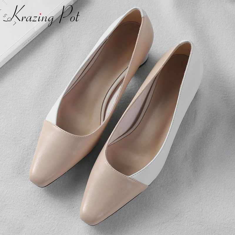 Krazing pot new full grain leather slip on classical women pumps high quality mixed color style square toe office lady shoes L96 цена Krazing pot new full grain leather slip on classical women pumps high quality mixed color style square toe office lady shoes L96 цены онлайн