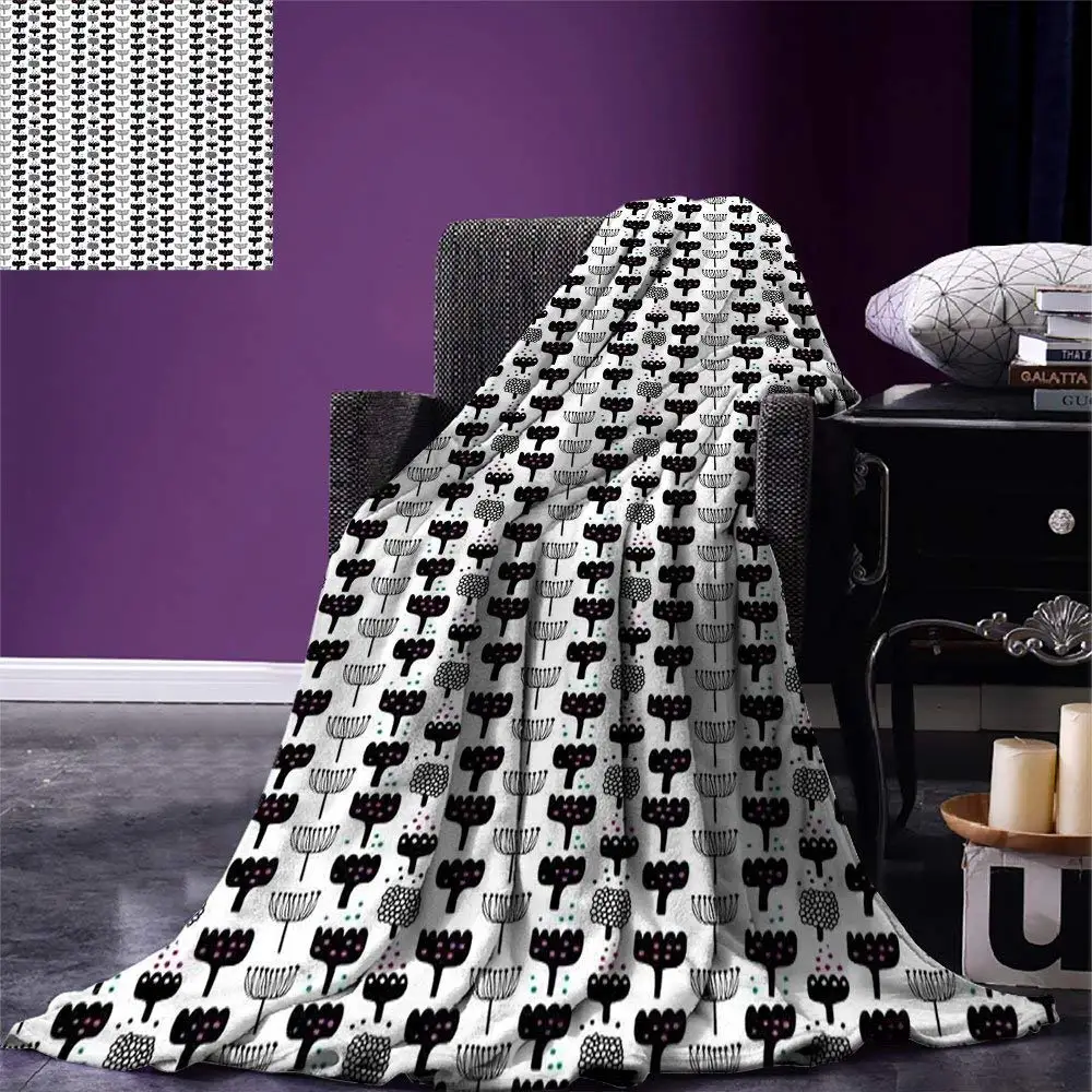 

Nordic Throw Blanket Pattern with Abstract Flowers in Scandinavian Style Dotted Silhouettes Warm Microfiber