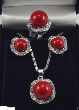 

Free shipping@@@@@ 10mm & 14mm red South sea Shell Pearl Earrings Ring Necklace Pendant Set