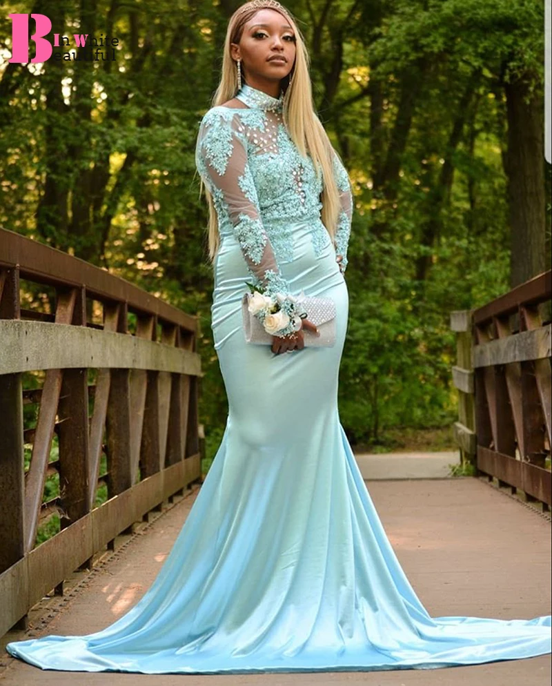 Beautifulinwhite синий Русалка Кружева аппликация бисер с длинными рукавами спандекс прозрачные Выпускные платья большого размера Robe De Soiree BP041