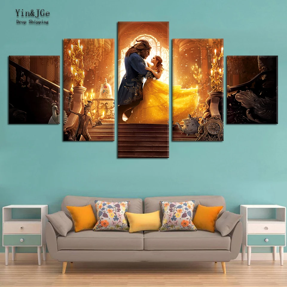 

Home Decor Living Room Wall Art Framework Canvas Painting 5 Pieces Beauty And The Beast HD Printed Modular Movie Posters Picture
