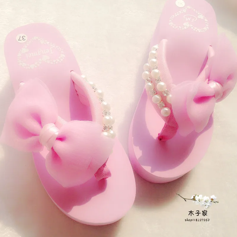 

Pink Bowtie Women Sandals 2017 Handmade Flowers Beading Beach Slippers Summer Female  Sandals Platform Tenis Feminino