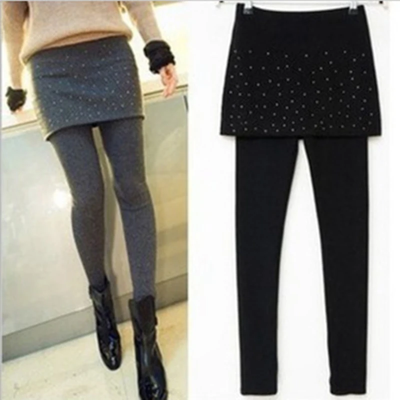 

Autumn Winter Women Leggings Fashion Pleated Stretchy Warm Ankle-Length Leggins Legins Female Women Skirt Leggings Footless