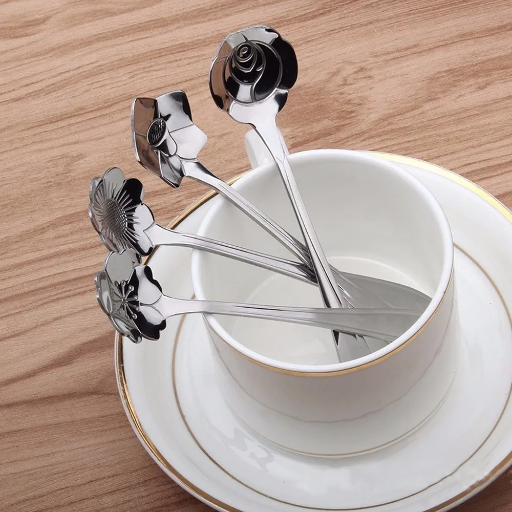 4pcs Cake Coffee Spoons Stainless Steel Romantic Cute Spoons Cherry Sunflower Blossoms Rose Eustoma Tessert Tea Stirring Spoon Different Flower Shape (7)