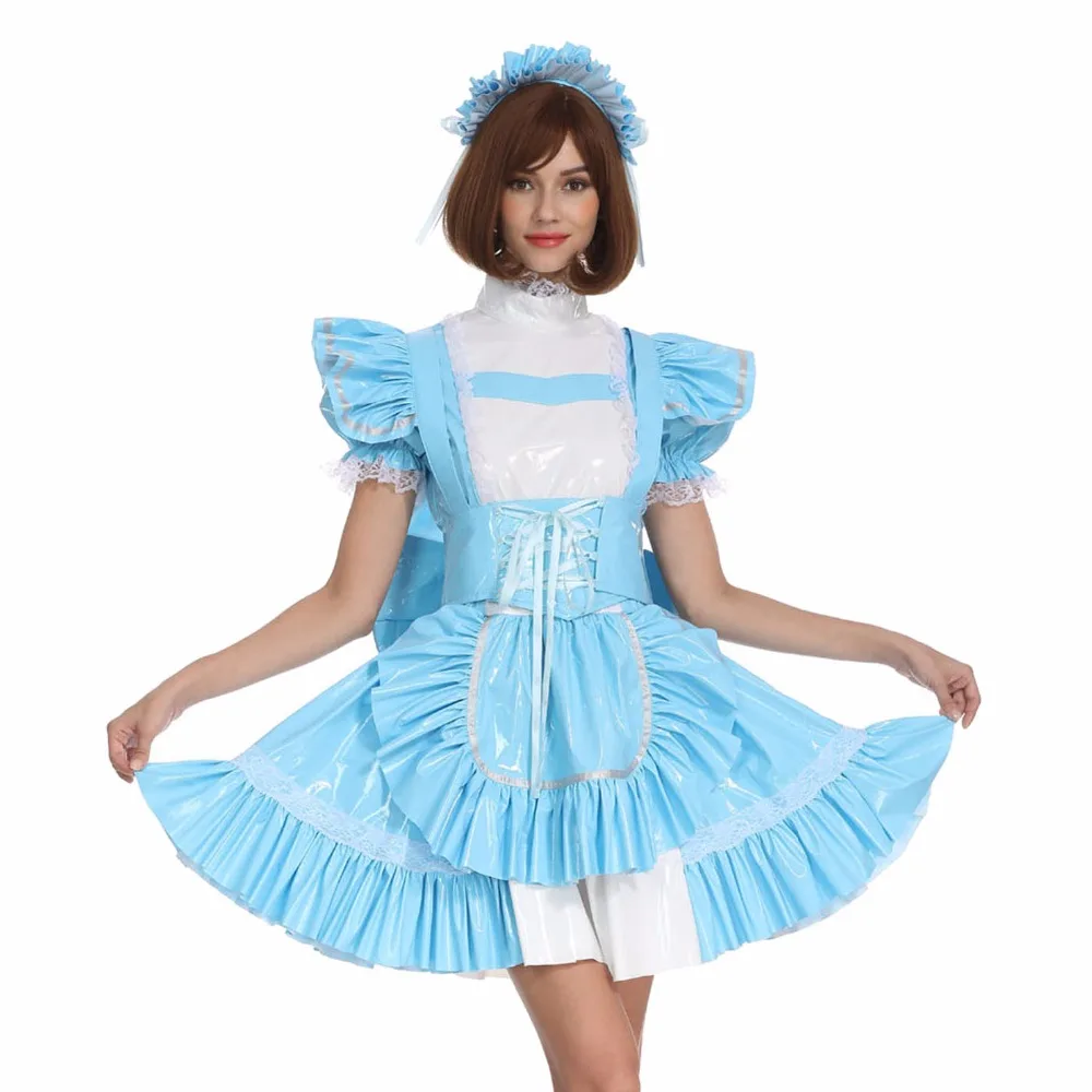 

Sissy Girl Maid PVC Lockable Baby Blue Dress Two Ways Wear Long or Short Sleeves Crossdress Cosplay Costume