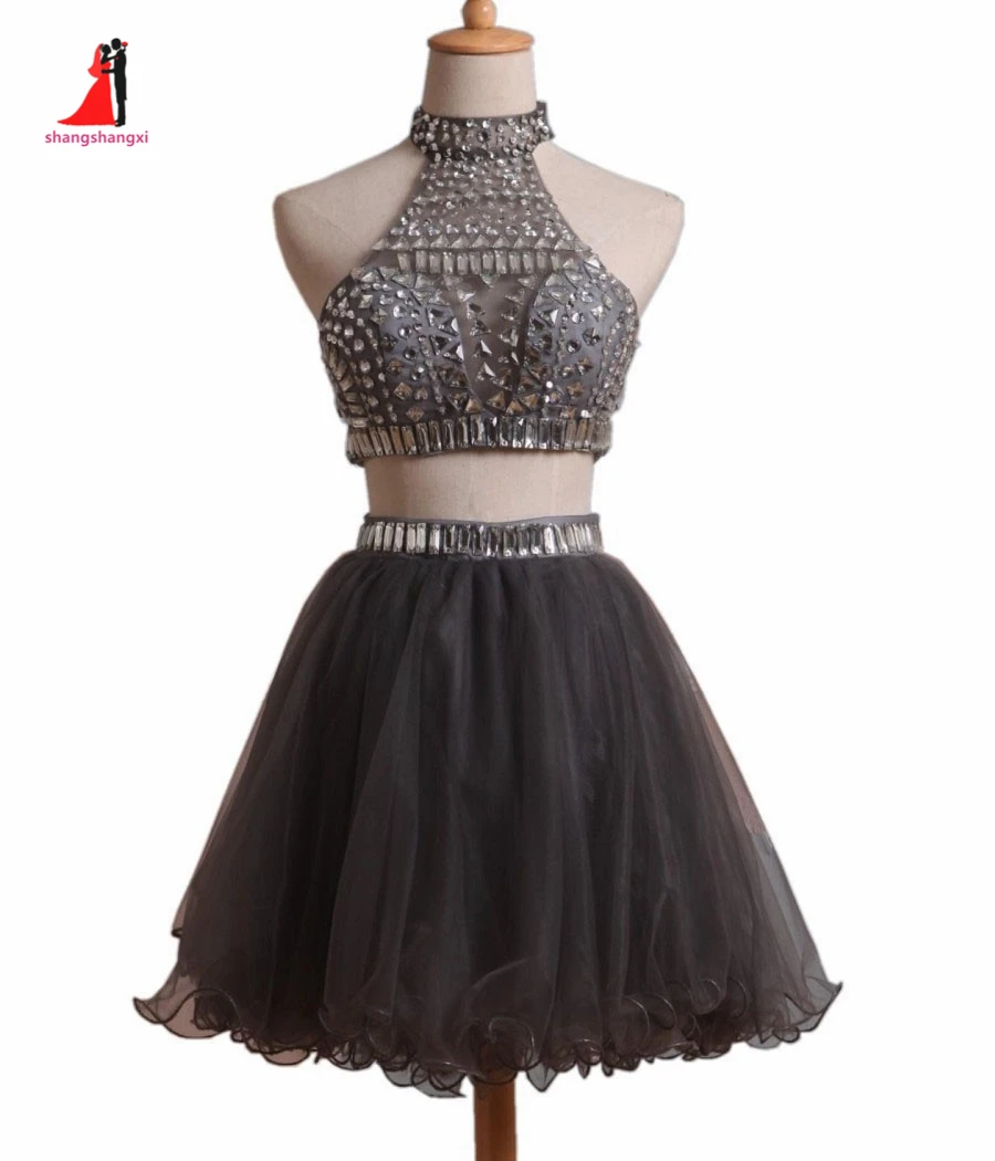 2017 Two Piece Dresses High Neck Silver Grey Crystals Crop