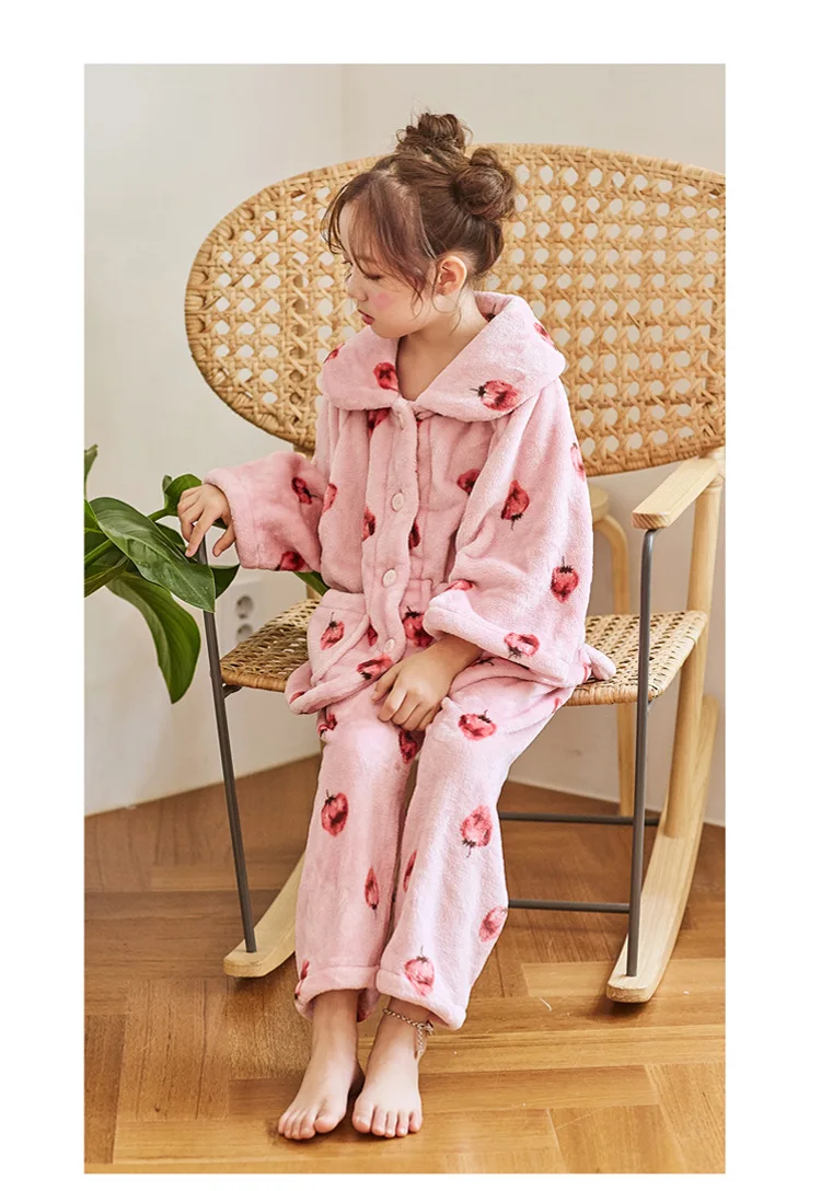 Подростковая зимняя новая фланелевая теплая японская одежда для маленьких девочек; Детская домашняя одежда с принтами; топы с длинными рукавами+ брюки; комплект из 2 предметов; ws494