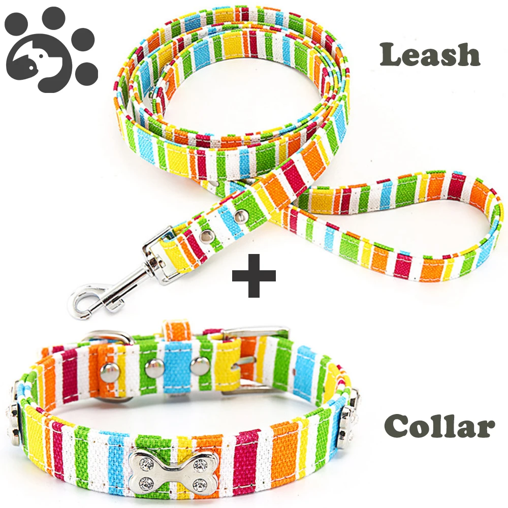 Rainbow Color Dog Collar Leash Set For Small Large Dogs With Crystal