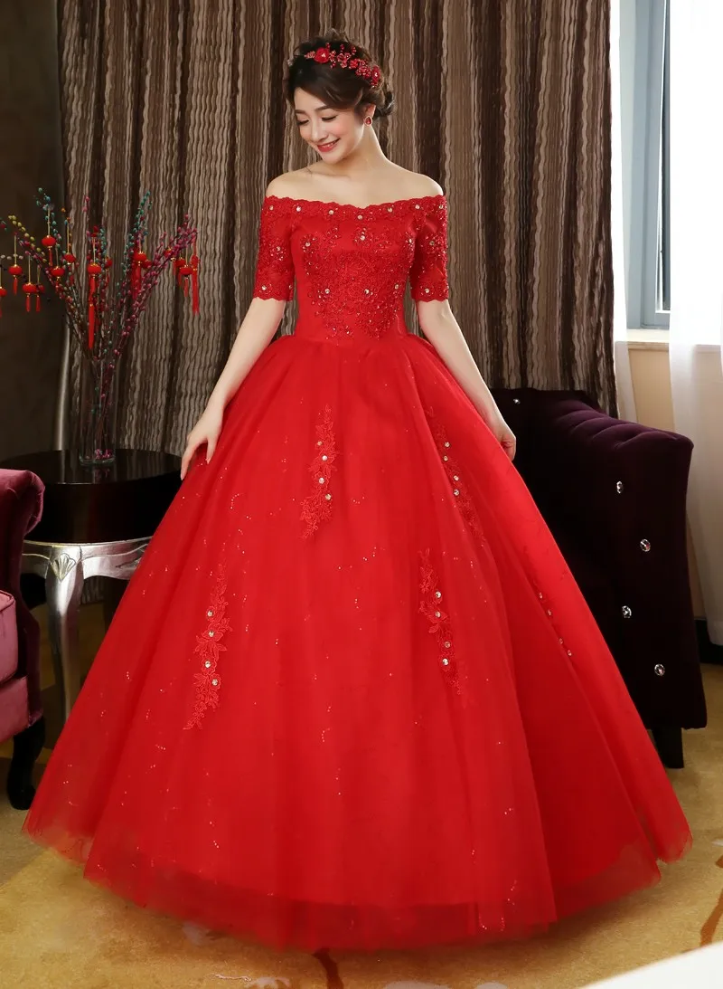 Дизайн Половина рукава красный, белый Свадебные платья принцессы Кружево пикантные Свадебные платья высококачественные свадебные платья qy20