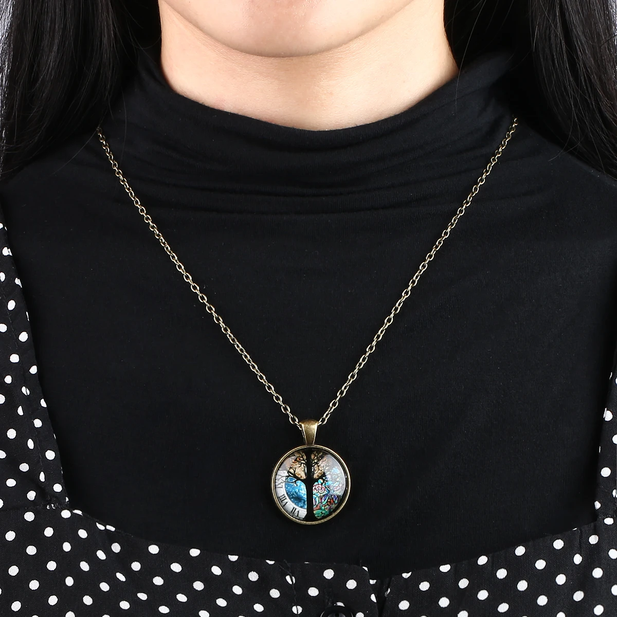 Vintage Statement Women Men Life Tree Owl Necklace Pendant Art Magnifying Glass Cabochon Necklaces Gold Chain Sweater Jewelry