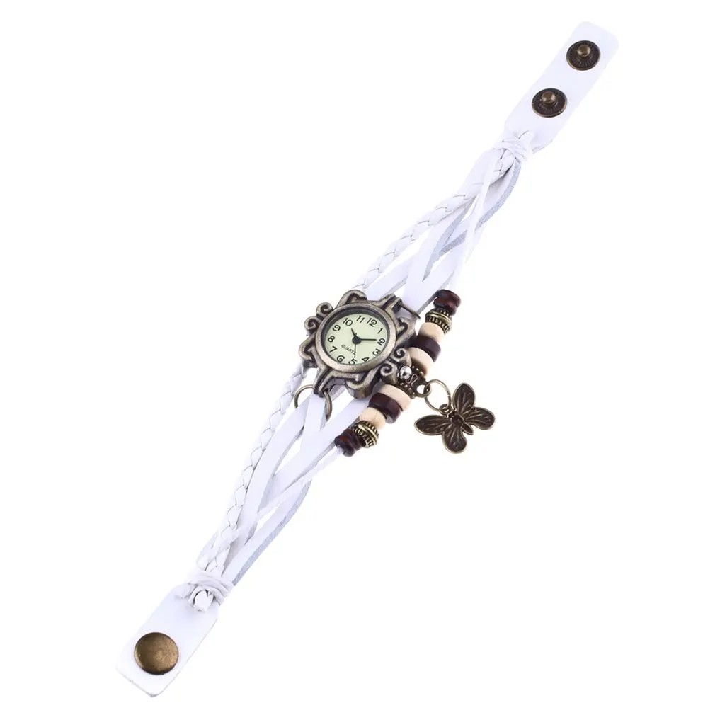 Кожаный браслет часы женские очаровательные листья этнические Женева стиль браслеты и браслеты винтажные женские ювелирные изделия дешевый подарок - Цвет: Белый