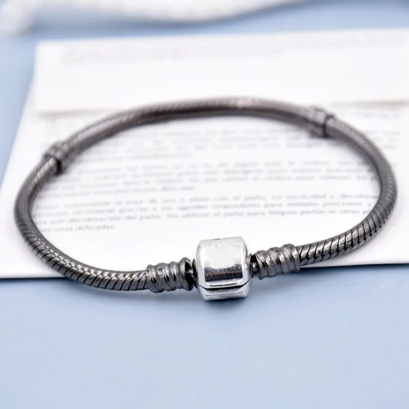 Top Quality Barrel Lobster Clasp Oxidized Snake Chain Bracelet Bangle Fit Women Bead Charm 925 Sterling Silver DIY Jewelry