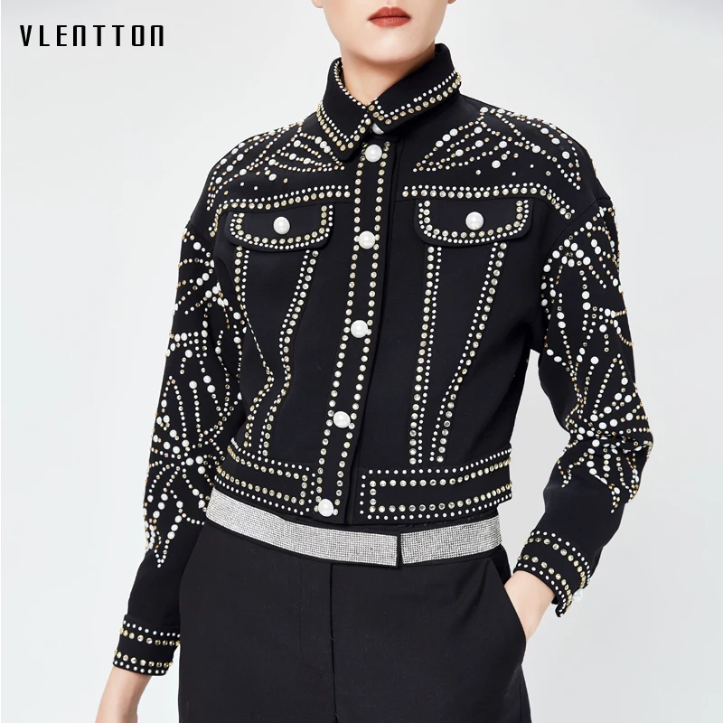 2019 Nieuwe mode Jean jacket Diamonds Korte lovertjes jas lente herfst Casual black denim jas Lange mouwen vrouw jacket