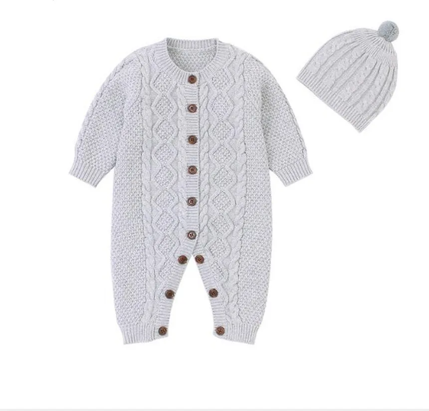 Newborn Baby Romper For Boys Cotton Knitted Baby Clothes Autumn Winter Toddler Clothes Long Sleeve Infant Jumpsuit With Hat - Цвет: Серый