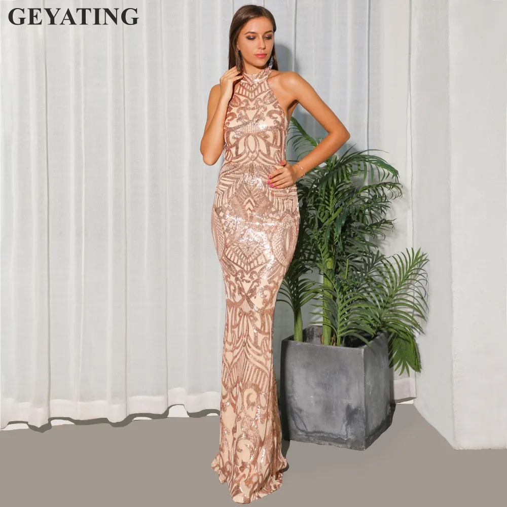 Arabic Gold Sequins Mermaid Evening Dress Long 2019 Elegant Off Shoulder Halter Women Formal Dress Party Prom Dresses in Stock