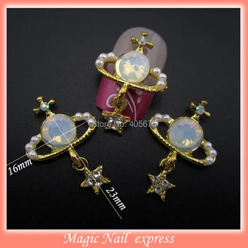 

MNS379 Gold metal nail art pearls beads crown star chain DIY decoration charms 50pcs