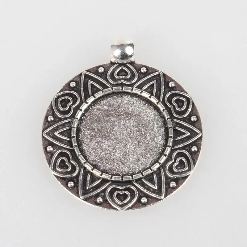 

Pandahall Vintage Tibetan Style Alloy Carved Heart Pendant Cabochon Bezel Settings Antique Silver Flat Round Tray18mm; 37x32x2mm