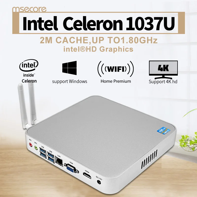  Celeron C1037U Fanless Mini PC Desktop Computer Windows 10 Windows 8 linux with VGA and HDMI HTPC HD Graphics 4K HD 300M WiFi 