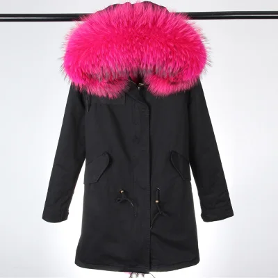 Furlove Women Winter Parkas Large Real Raccon Fur Parka Pink Faux Fur Liner Thickening Long Jacket Overcoat - Цвет: color 20