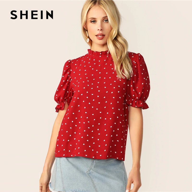 Goedkoop SHEIN Frilled Hals Bladerdeeg Mouw Confetti Hart Print Top Rood Stand Kraag Korte Mouw Blouse Elegante Vrouwen Zomer Blouses