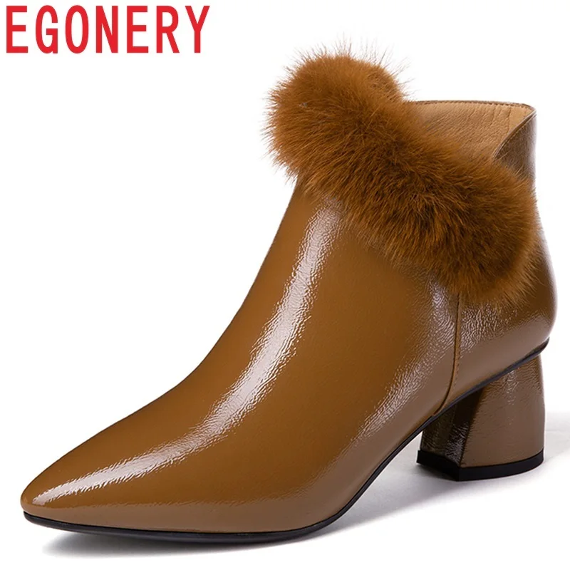 

EGONERY 2018 new concise casual pointed toe med hoof heels fur decoration zipper black and brown women shoes winter ankle boots