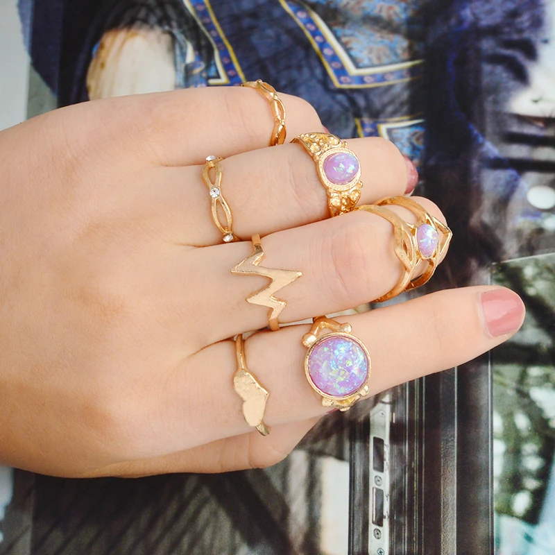 

7pcs/set Bohemian Ring Sets for Women Vintage Gold Color Lightning Heart Purple Crystal Rings Knuckle Ring Finger Jewelry Gifts