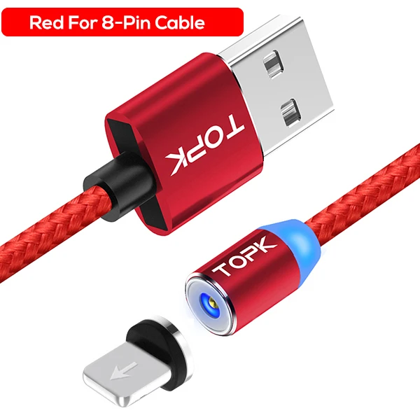 TOPK AM23 светодиодный магнитный Micro USB кабель USB C кабель для samsung Xiaomi huawei Android кабели для мобильных телефонов для iPhone X Xs Max - Цвет: 8-Pin Cable Red