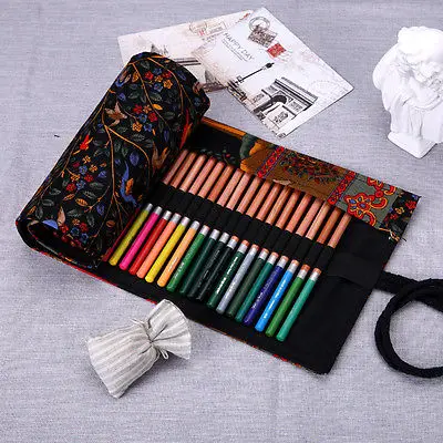 

New Black Happy Tree 36/48/72-Hole Canvas Color Pencil Wrap Roll Hold Pouch Hand Made