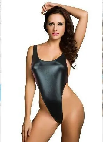 New High Elastic Women Hot Sexy Bodysuits Leather Catsuit Fetish Swimsuit Erotic Japanned Shiny Patent Leather Swimwear cut out bodysuit