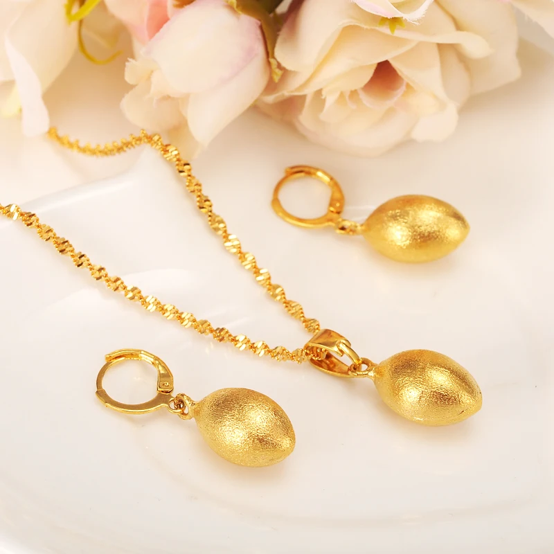 

Oval Bead Necklace Pendant Earrings Jewelry Set Party Gift 24 k Yellow Fine Solid Gold FINISH Africa ball Women Fashion