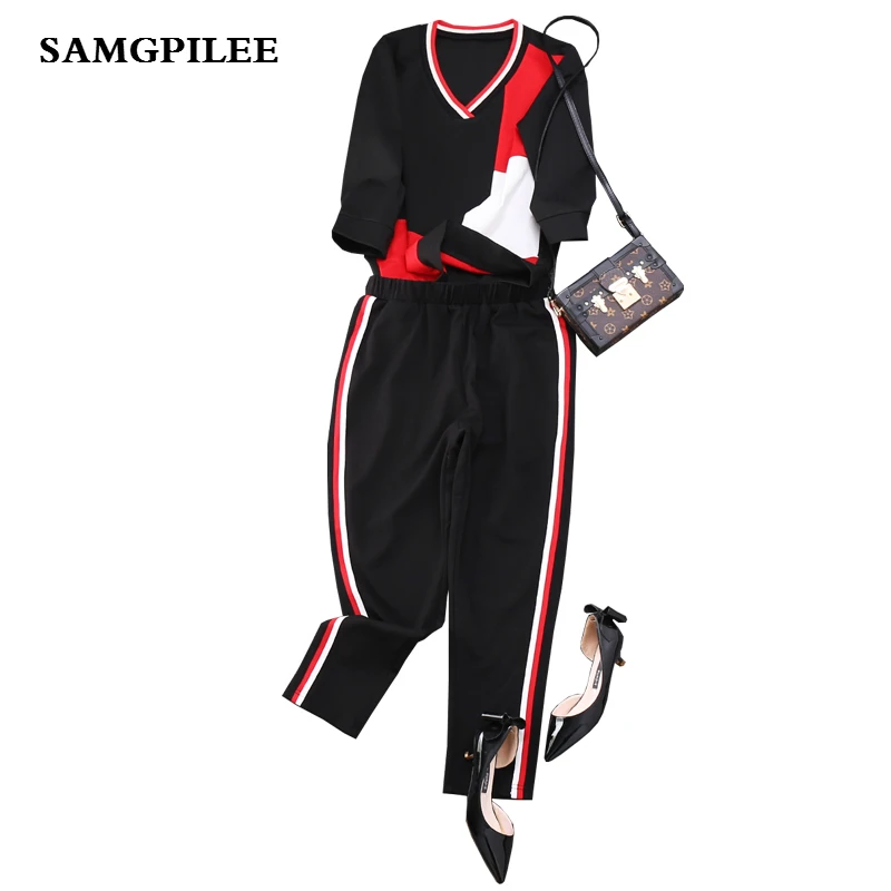 

2 Sale Cotton Piece Set Women Streetwear 2019 Summer New Fashion Printing Sleeve Tops Elastic Waist Ankle-length Pants L-3xl