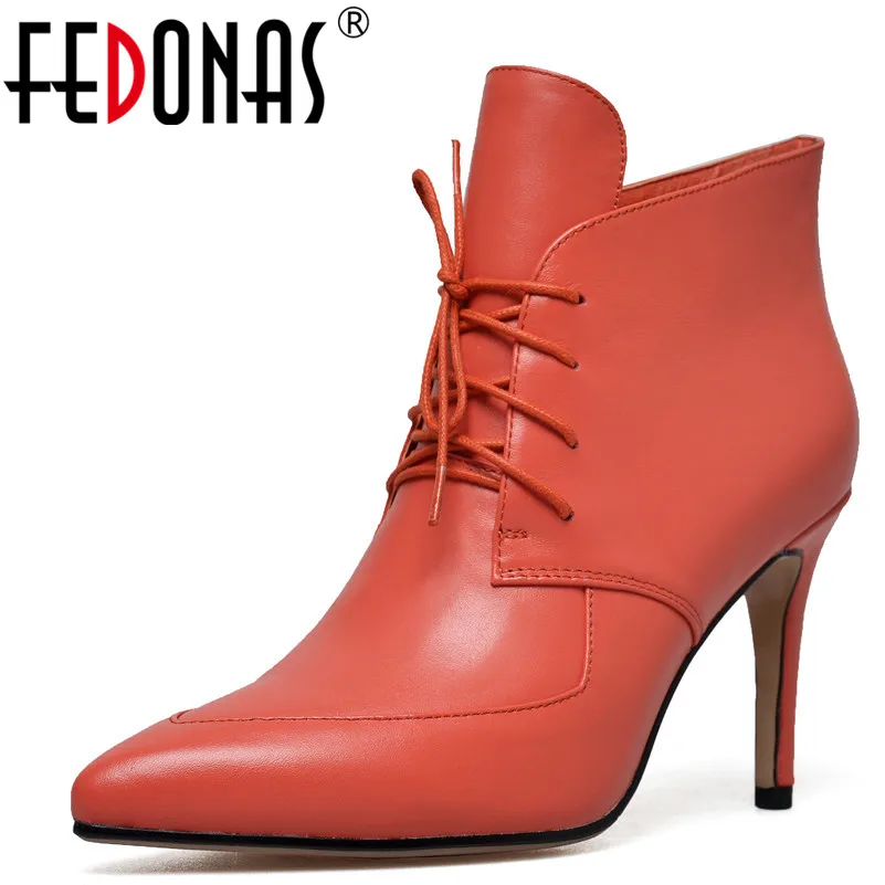 

FEDONAS Sexy Women Pointed Toe Pumps High Heeled Lace Up Autumn Winter Ankle Boots Genuine Leather Shoes Woman Office Pumps