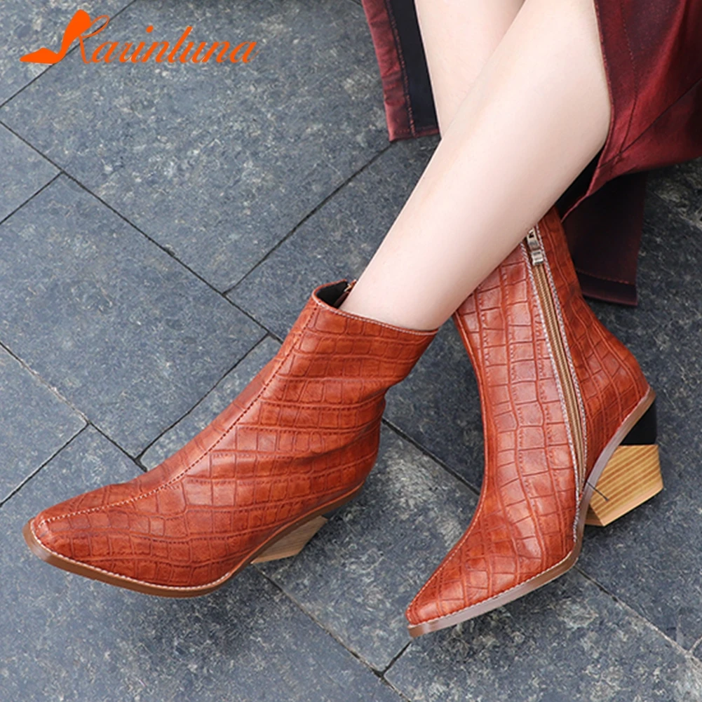 

KARINLUNA Ankle Boots For Women British Strange Wooden Heels Pointed Toe Zippers Short Plush Ankle Boots Woman Size 34-44