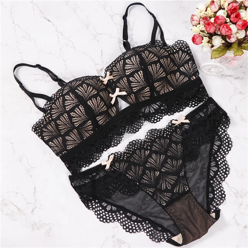 

2018 lace hollow out underwear sexy ABC push up half cup lingerie set women bra set and panty set fashion bra brief sets