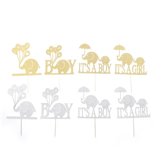 Sliver/Gold Elephant Its a Boy Girl Cake Topper Baby Shower Party Decorations Favors Baptism Glitter Paper Babyshower Supplies|sliver f|decorative