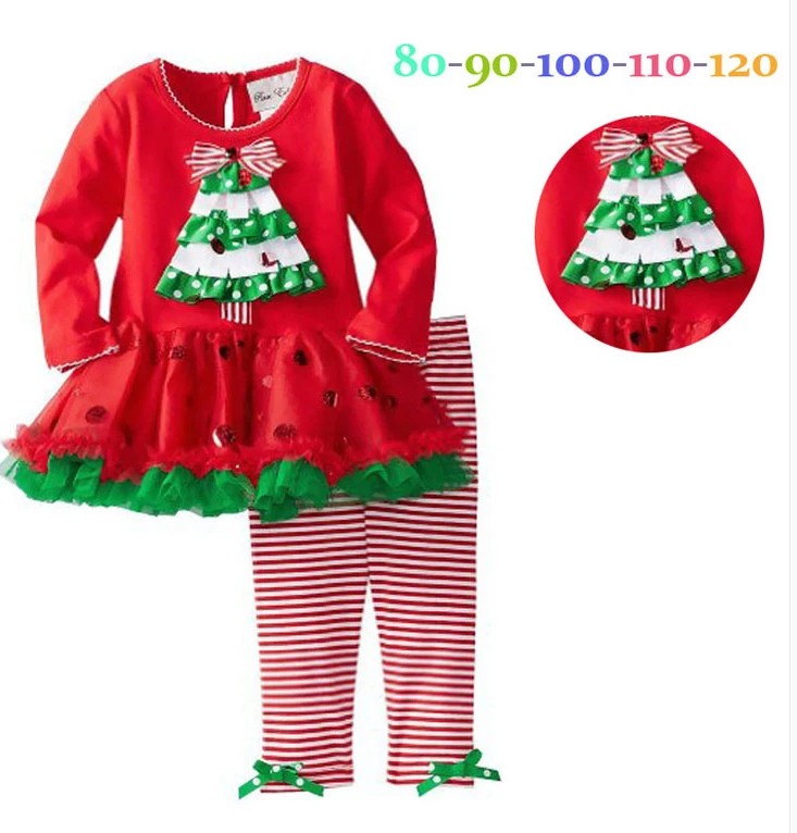 

Free shipping New Fall Cartoon Christmas Tree leisure suits Girls long-sleeved Qunshan + Leggings