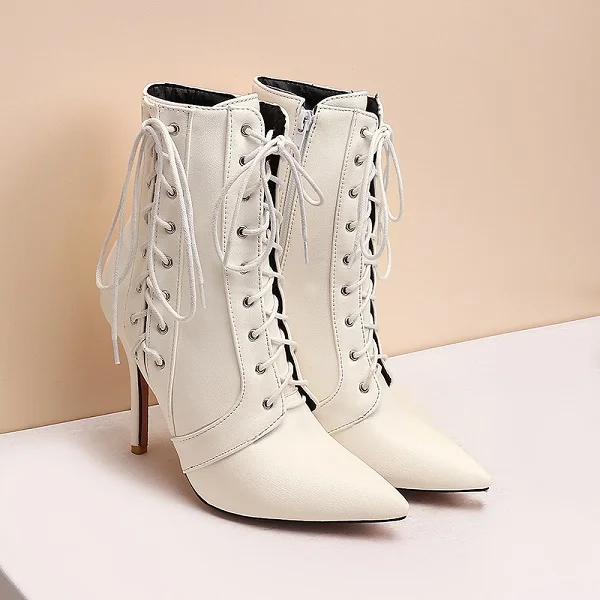 

New Arrival Solid Pointed Toe Cross-tied Thin High Heel Boots Lace-Up Fashion Black Red White Sexy Ankle Wedding Pumps
