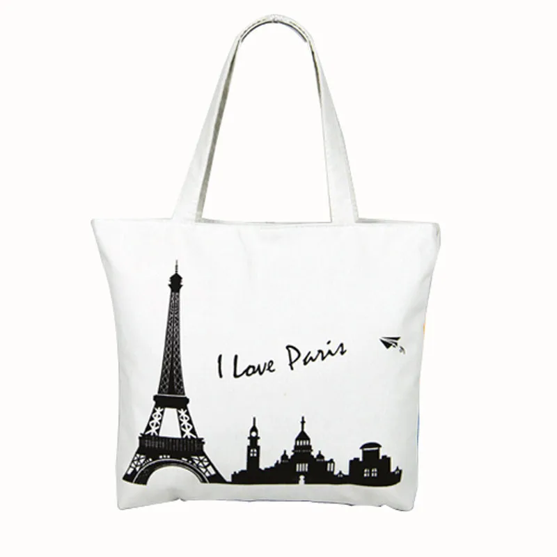 

2019 brand new and high quality. Drawstring portable lunch bag. Canvas Tower House Pattern Shopping Shoulder Bags Women Handbag