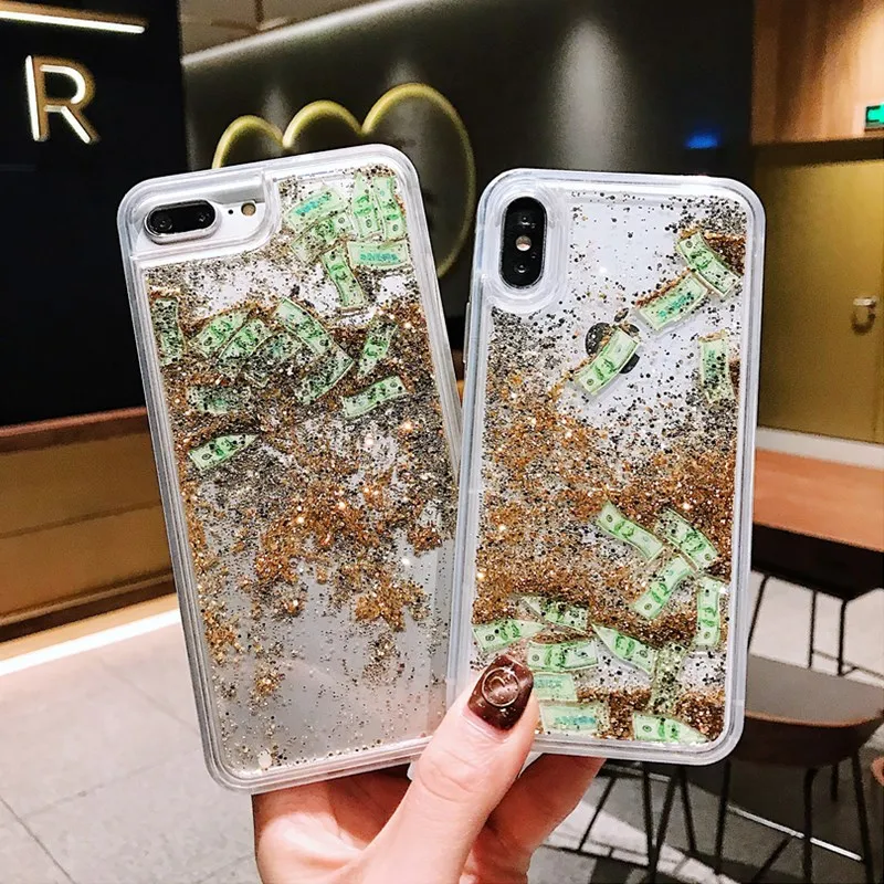 

Oujinuo Case for iPhone X 6 6S 6Plus iPhone 7 7Plus iPhone8 8Plus Dollar Glitter Dynamic Liquid Gold Silver Quicksand Case Coque