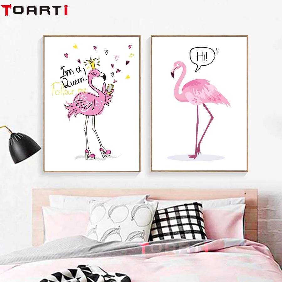 ピンクフラミンゴ引用保育園壁アートキャンバスポスター印刷動物絵画北欧画像子供寝室現代の壁チャート 絵画 書道 Aliexpress