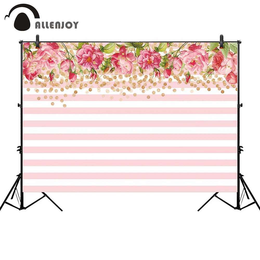 

Allenjoy photocall backdrop pink floral golden dots stripe romantic valentine celebration photophones for a photo background