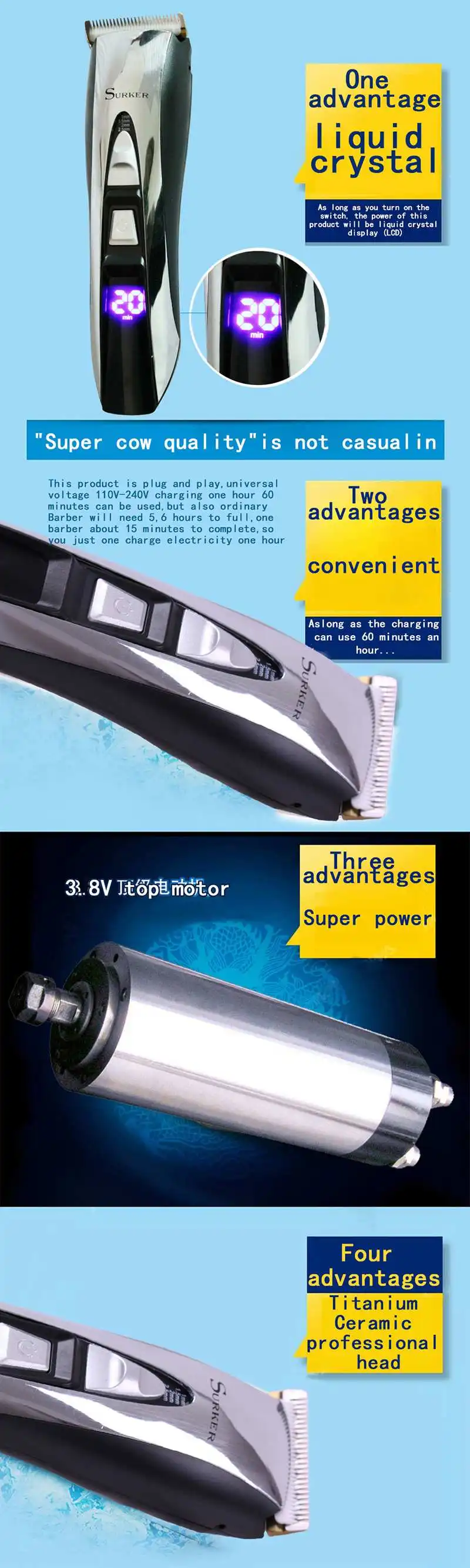 SURKER Rechargeable Electric Hair Trimmer Quiet LED Display Wireless Electric Fader Hair Clipper Hair Cutting Machine
