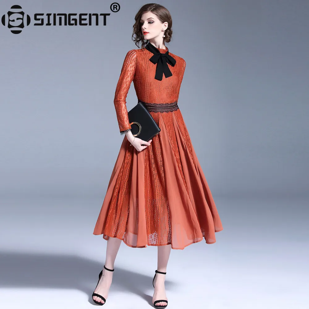 

Simgent Women Bow Elegant Vintage Stand Collar Lace Mesh Patchwork Fit and Flare Midi Long Dress Vestidos Robe Dentelle SG84202