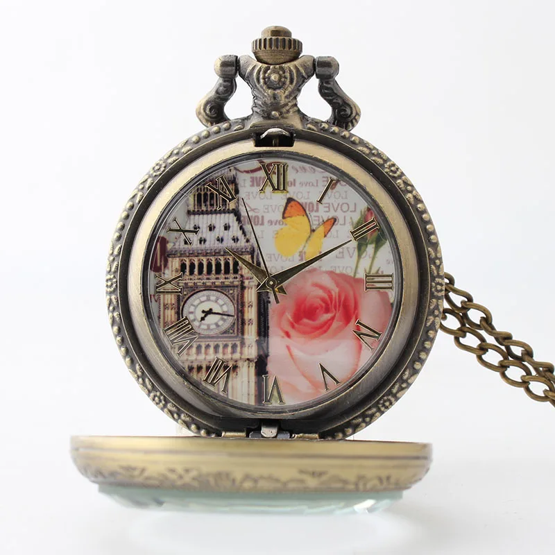 Карманные стекло для часов Биг Бен цветок кварцевые карманные часы цепочки и ожерелья кулон часы цепи рождественские часы подарок для