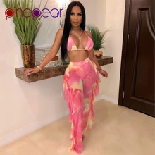 PinePear розовый желтый принт сетчатое ограждение оборками брюки и бикини комплект из 3 предметов купальник женский купальный костюм Пляжная одежда Прямая поставка